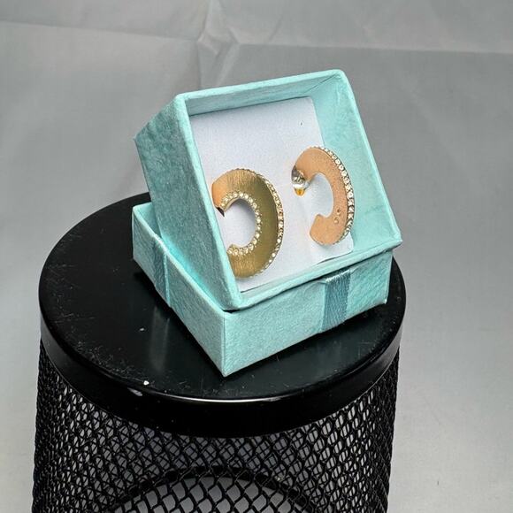 C Shaped CZ Yellow Gold Sterling Silver Hoop Stud Cuff Earrings - Picture 1 of 5
